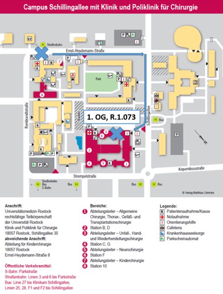 Lageplan der Unimedizin Rostock mit OP-Trakt in rot